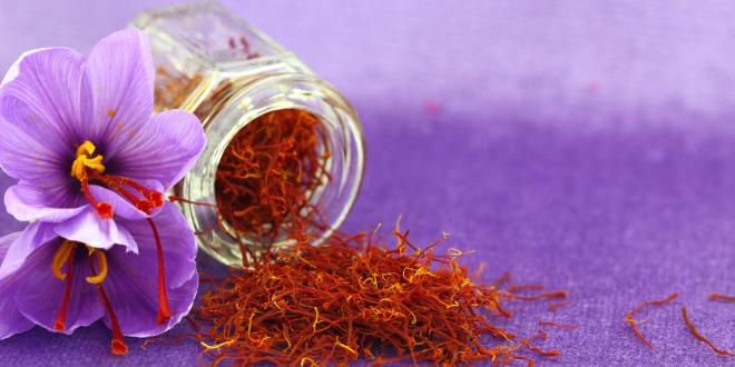 A small jar of saffron next to a saffron flower