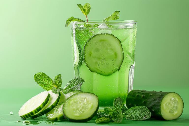 a glass of cucumber juice garnished with mint